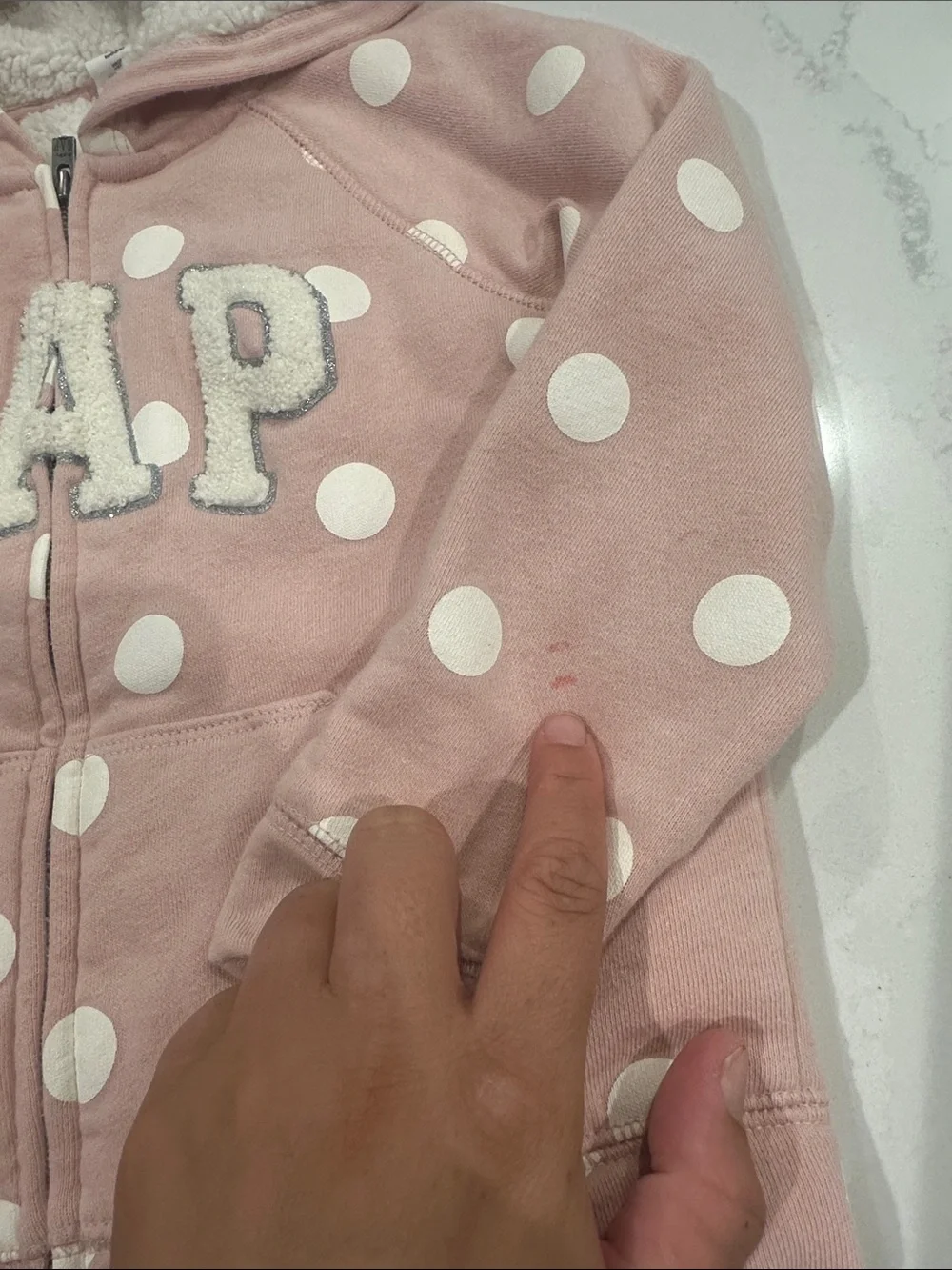 Baby Gap Sherpa filled white polka dot and pink zip up hoodie size 4T